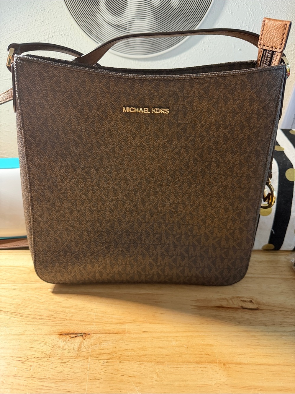 Michael Kors Brown Monogram Messenger Bag with Gold Hardware